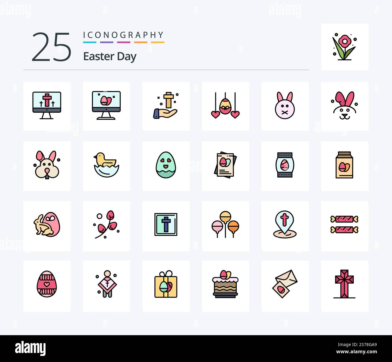 Easter 25 Line Filled icon pack including bynny. easter. hand. heart. easter Stock Vector