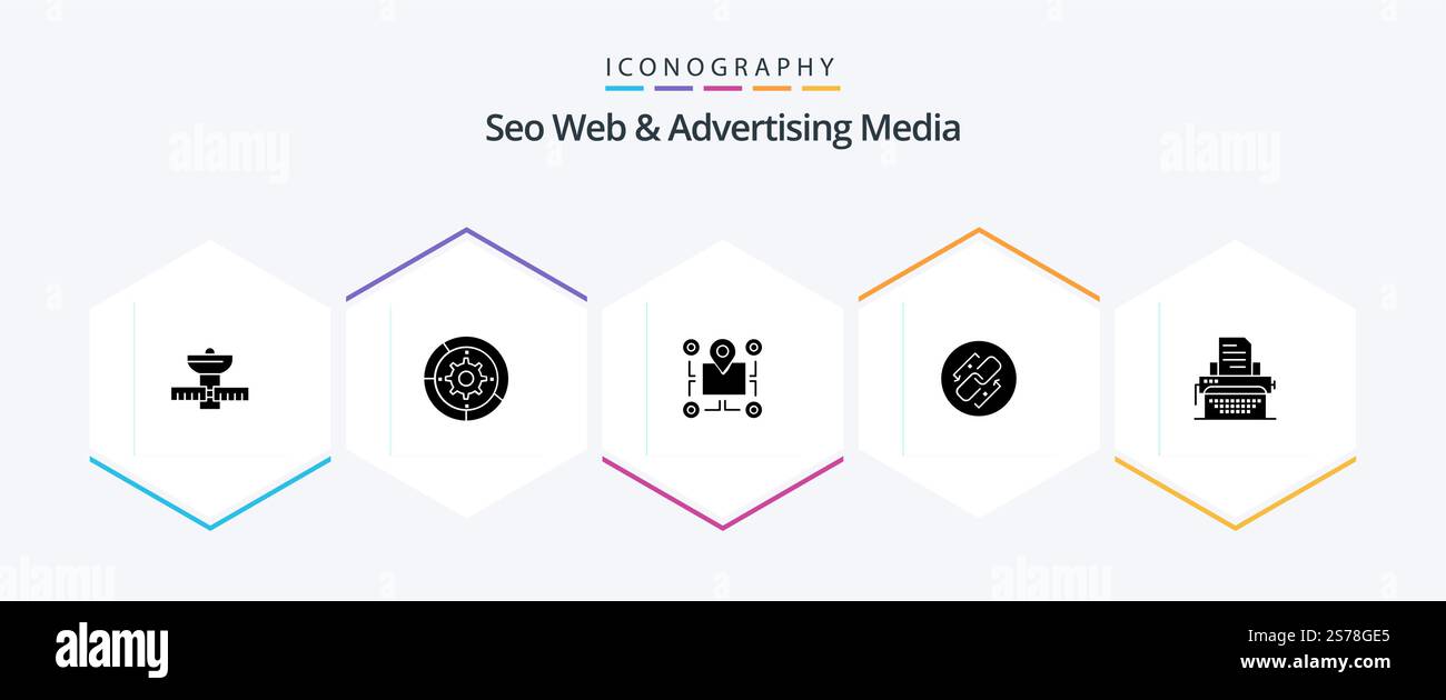 Seo Web And Advertising Media 25 Glyph icon pack including chain. engine. pointer. chip Stock Vector