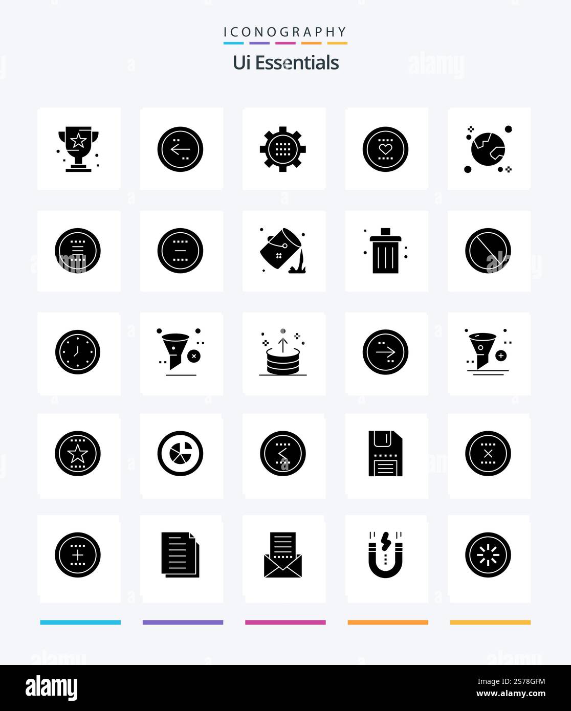 Creative Ui Essentials 25 Glyph Solid Black icon pack  Such As like. favorite. direction. setting. gear Stock Vector