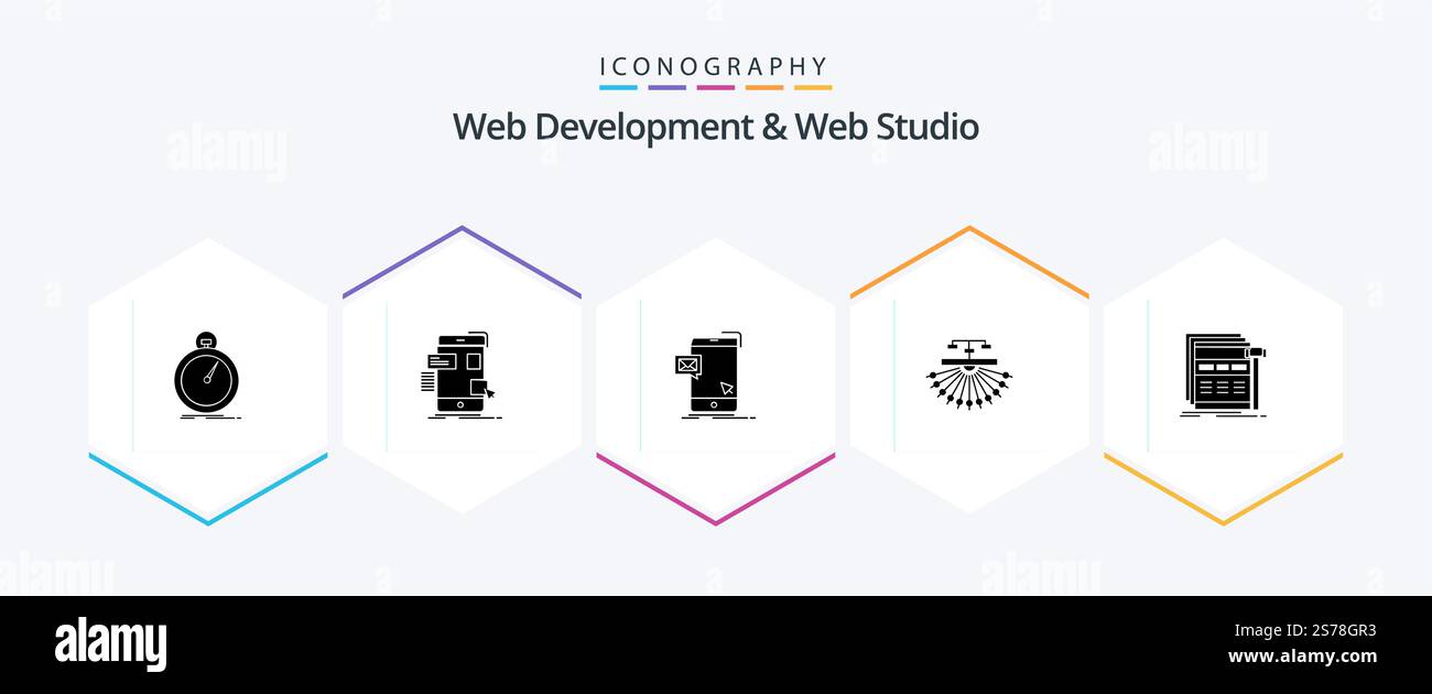 Web Development And Web Studio 25 Glyph icon pack including site. ui. message. instant Stock Vector