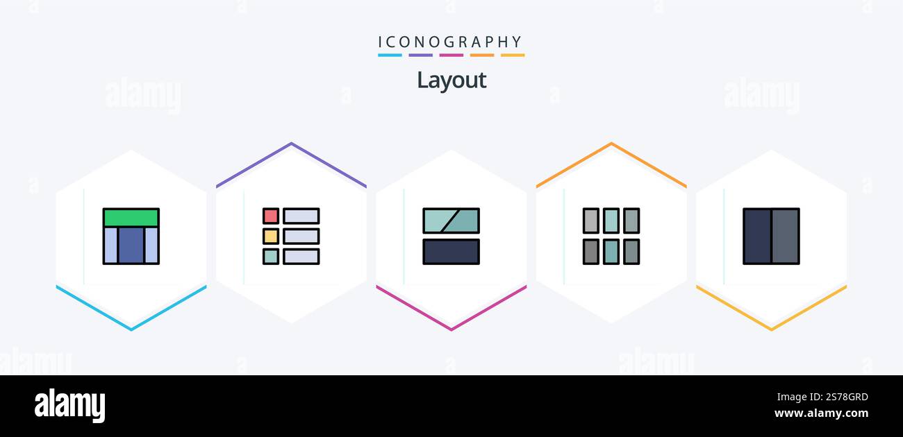 Layout 25 FilledLine icon pack including . workspace. editing. layout. grid Stock Vector