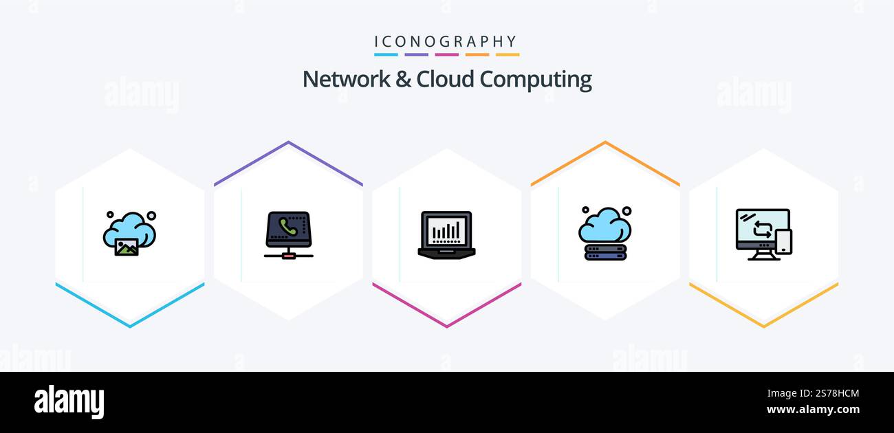 Network And Cloud Computing 25 FilledLine icon pack including mobile. technology. computing. storage. cloud Stock Vector