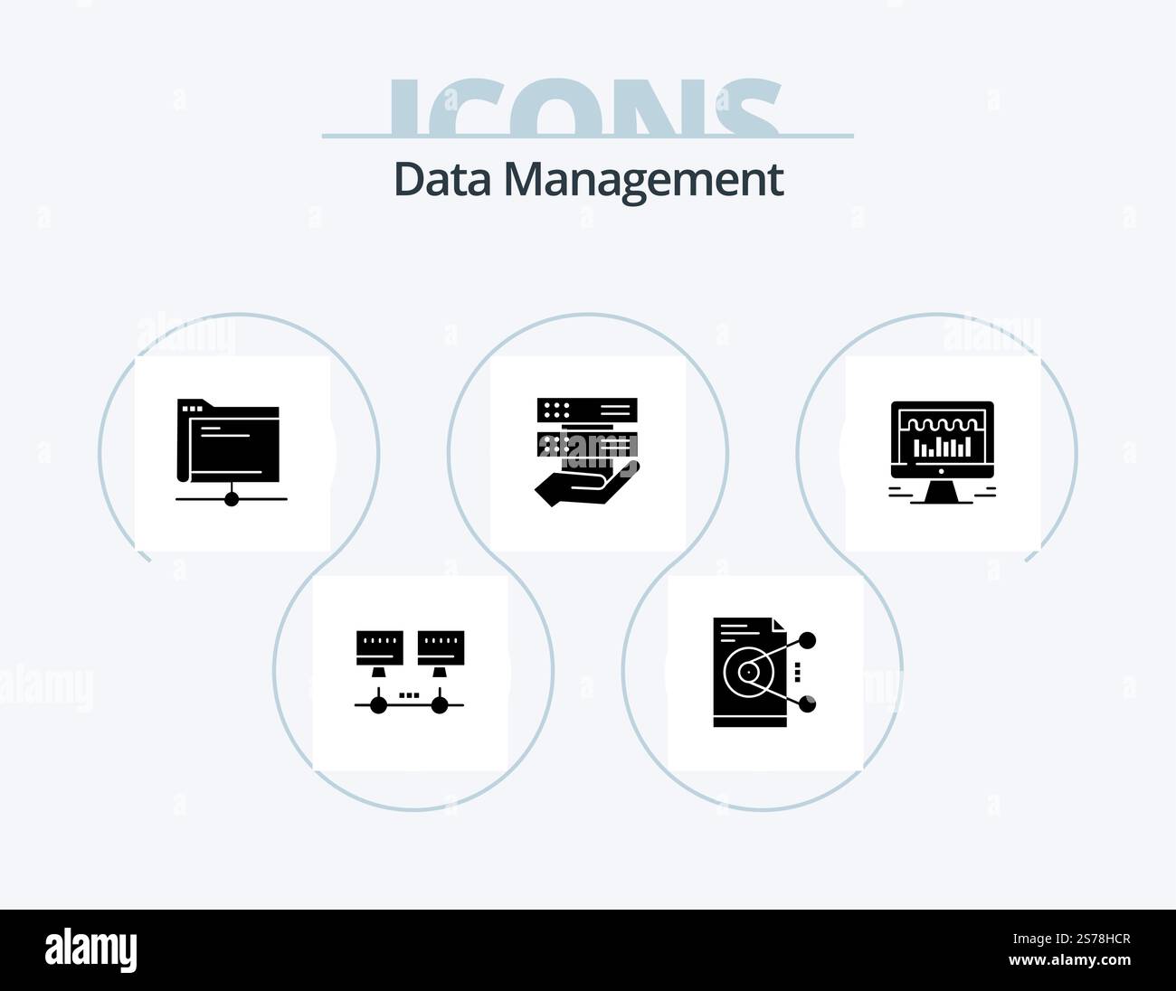 Data Management Glyph Icon Pack 5 Icon Design. data . server. work . remote . database Stock Vector