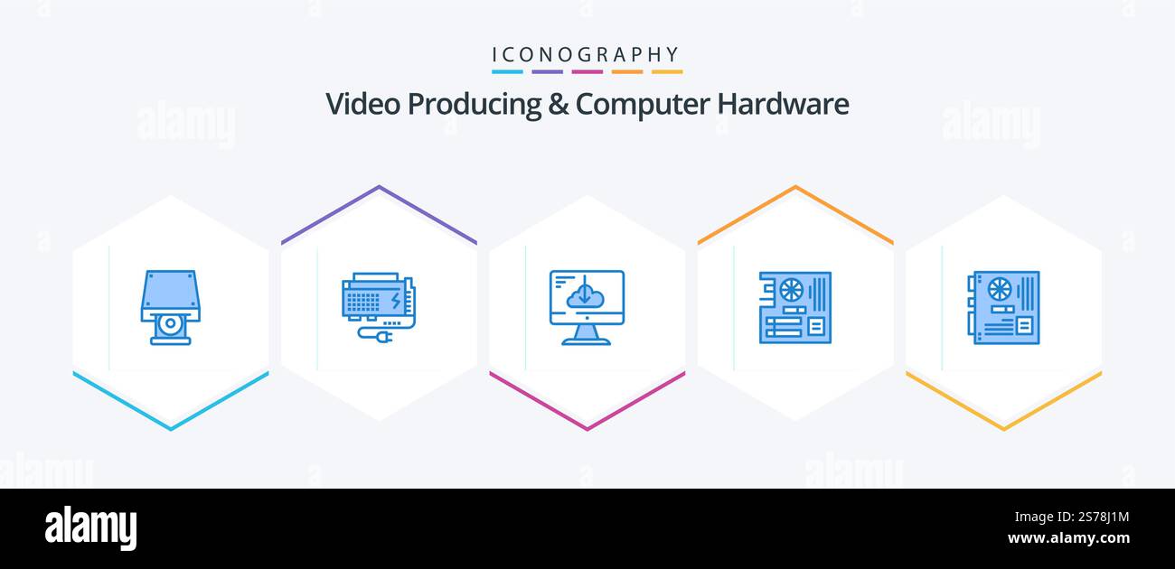 Video Producing And Computer Hardware 25 Blue icon pack including mainboard. computer. source. board. install Stock Vector