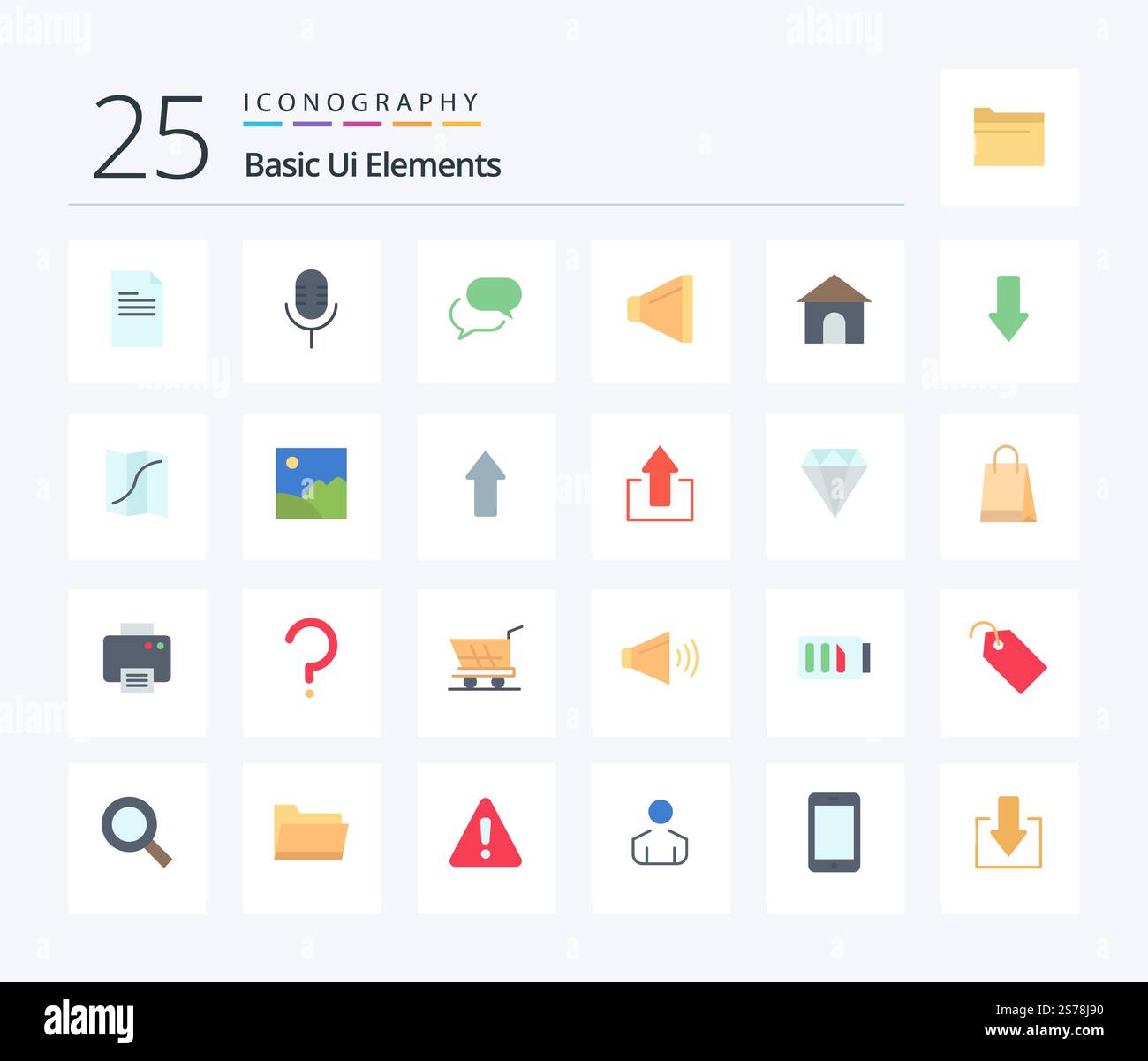 Basic Ui Elements 25 Flat Color icon pack including house. building. chating. volume. sound Stock Vector