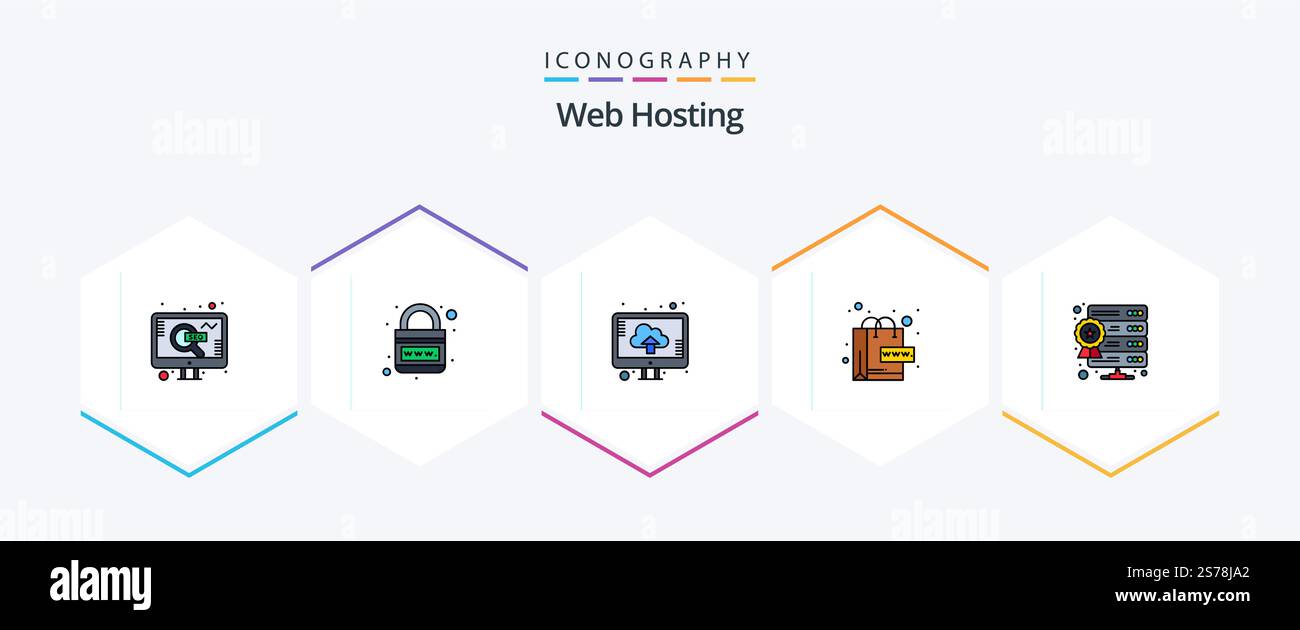 Web Hosting 25 FilledLine icon pack including database. web. web. online. upload Stock Vector