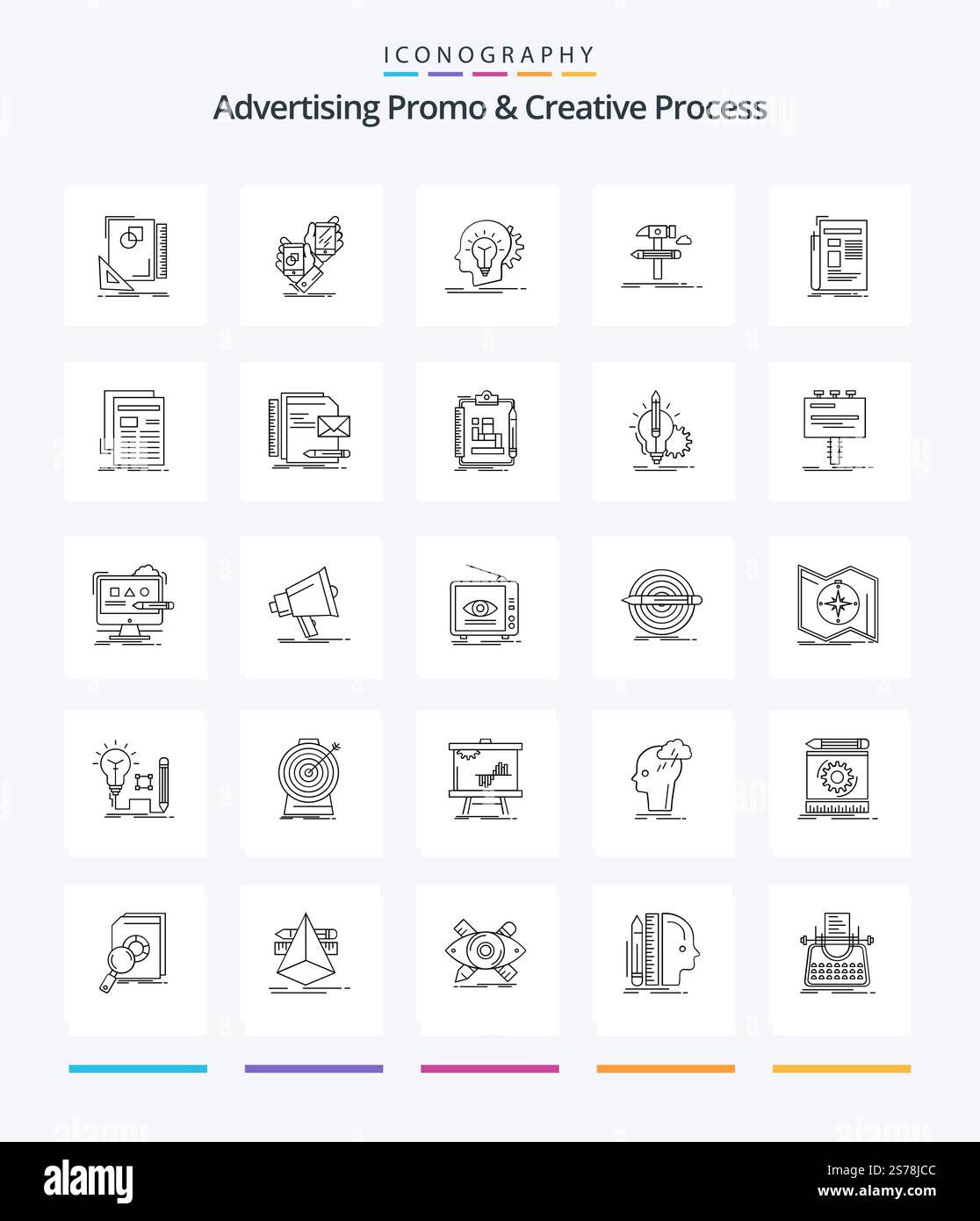 Creative Advertising Promo And Creative Process 25 OutLine icon pack  Such As develop. build. placement. thinking. head Stock Vector