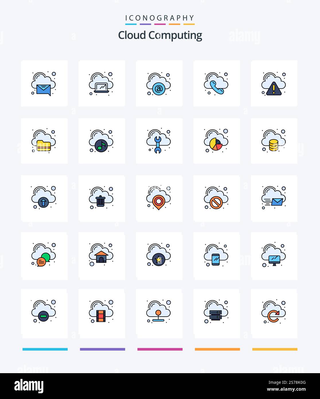 Creative Cloud Computing 25 Line FIlled icon pack  Such As error. telephone. cloud. phone. call Stock Vector