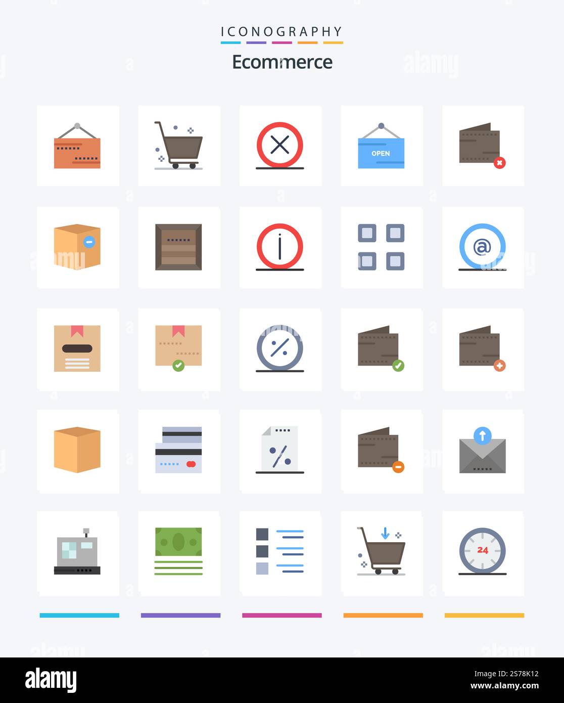 Creative Ecommerce 25 Flat icon pack  Such As close. open. cancel. e. remove Stock Vector