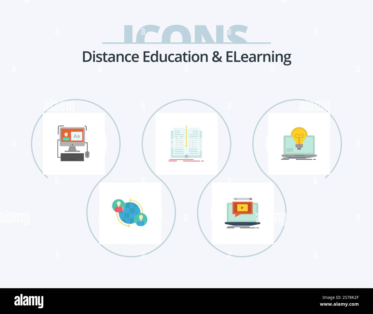Distance Education And Elearning Flat Icon Pack 5 Icon Design. book. file. tutorial. application. software Stock Vector