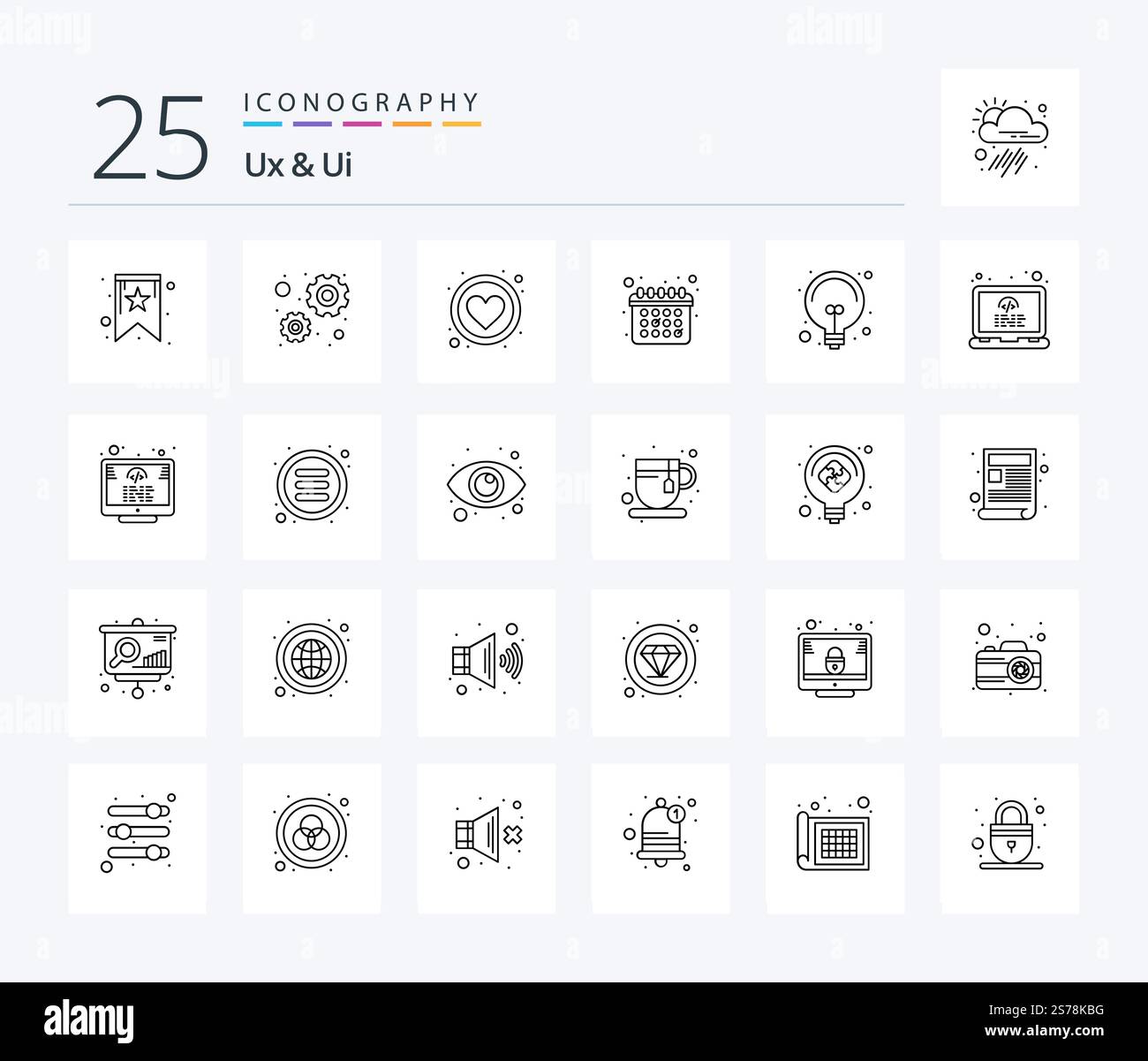 Ux And Ui 25 Line icon pack including coding. light. heart. idea. schedule Stock Vector