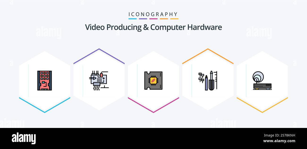 Video Producing And Computer Hardware 25 FilledLine icon pack including equipment. custom. engineering. reapair. processor Stock Vector
