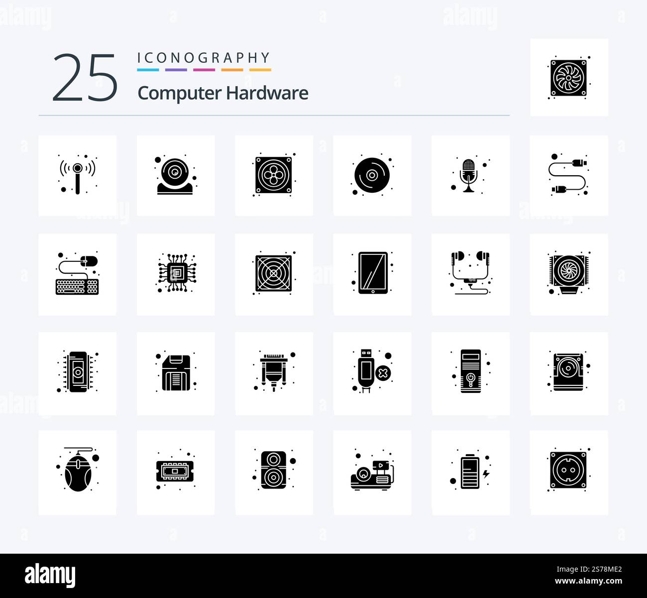 Computer Hardware 25 Solid Glyph icon pack including recorder. microphone. fan. mic. disk Stock Vector