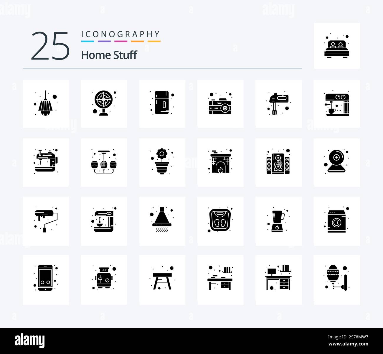 Home Stuff 25 Solid Glyph icon pack including kitchen. image. freezer. picture. camera Stock Vector