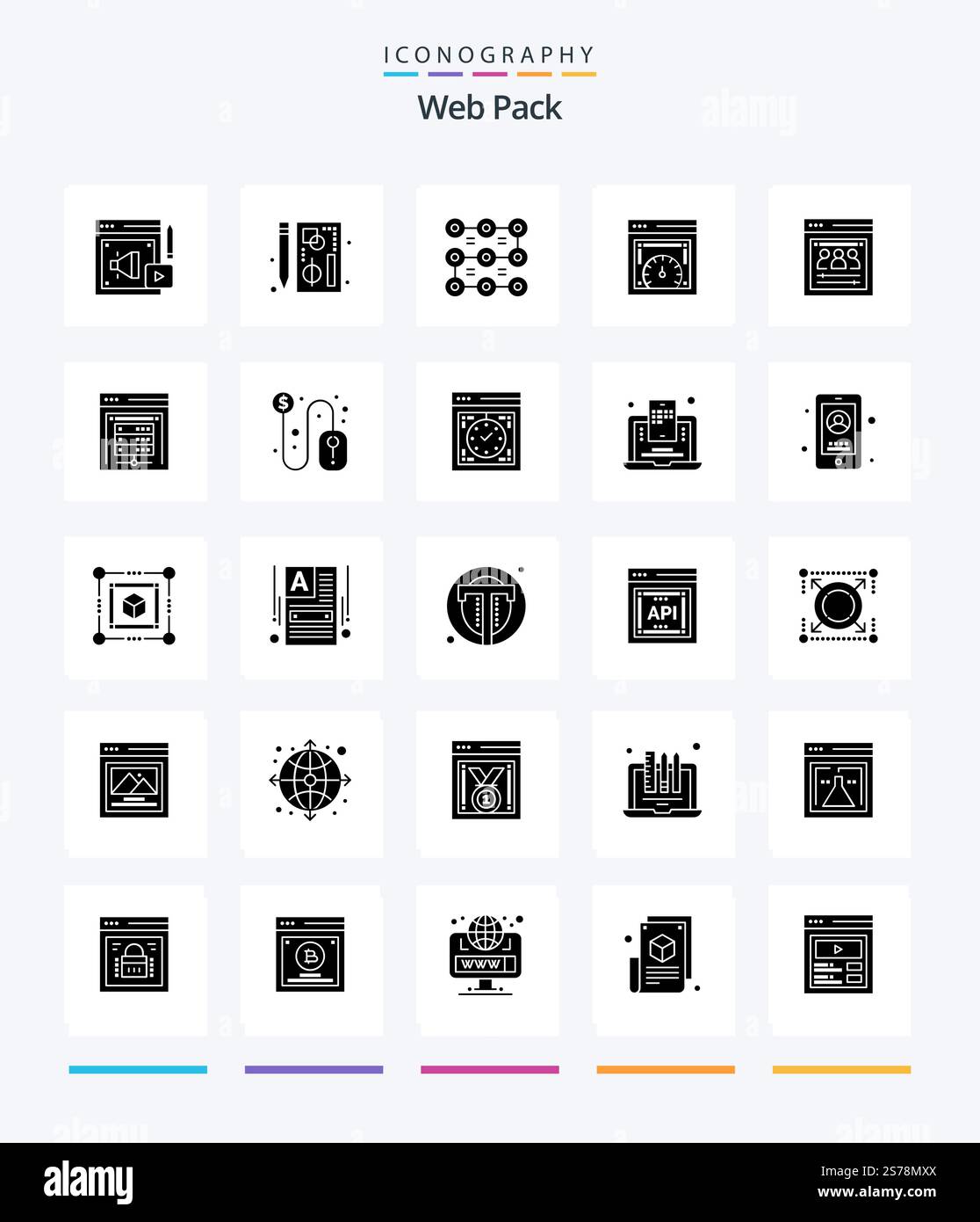 Creative Web Pack 25 Glyph Solid Black icon pack  Such As organization page. web speed. web. page speed test. security Stock Vector