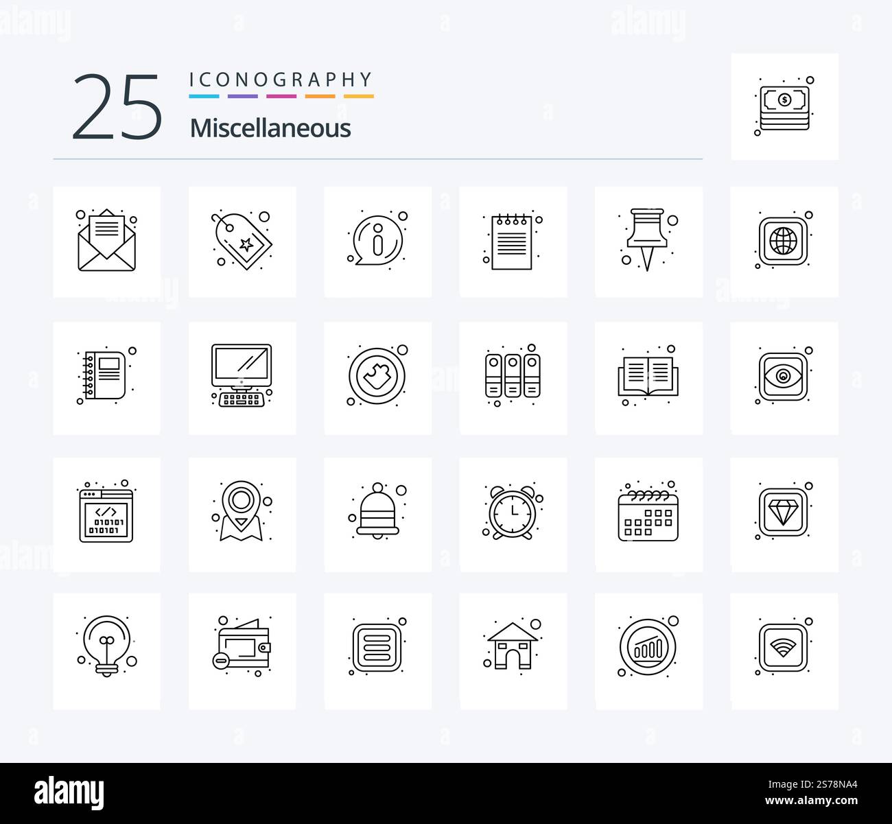 Miscellaneous 25 Line icon pack including pin. about. notepad. book Stock Vector