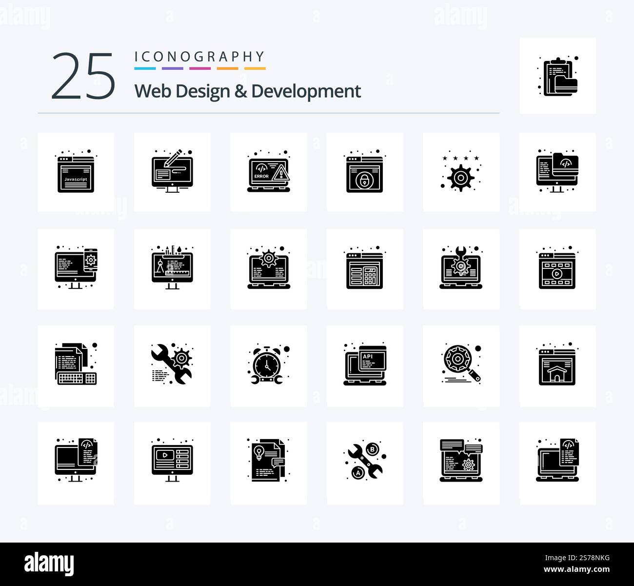 Web Design And Development 25 Solid Glyph icon pack including bookmark. web. coding. lock. error Stock Vector