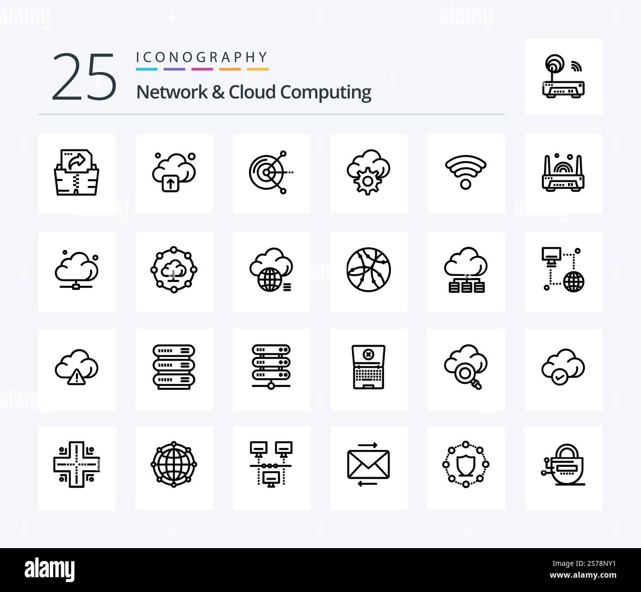 Network And Cloud Computing 25 Line icon pack including electronic. wireless. disk. wifi. technology Stock Vector