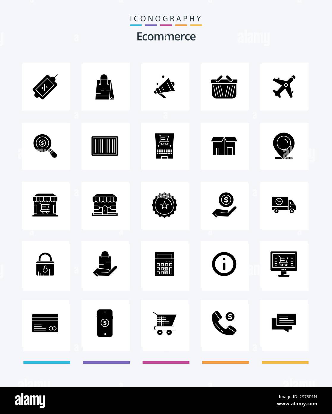 Creative Ecommerce 25 Glyph Solid Black icon pack  Such As plane. ecommerce. speaker. shopping. cart Stock Vector