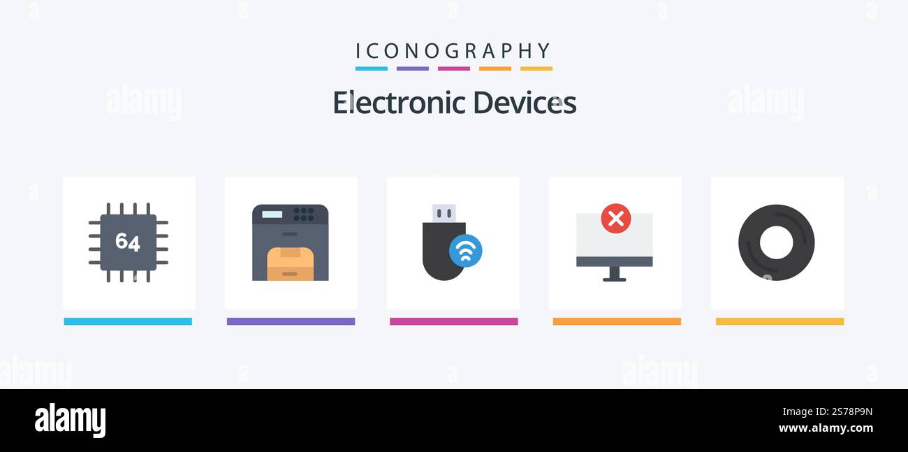 Devices Flat 5 Icon Pack Including hardware. devices. printer. computers. signal. Creative Icons Design Stock Vector