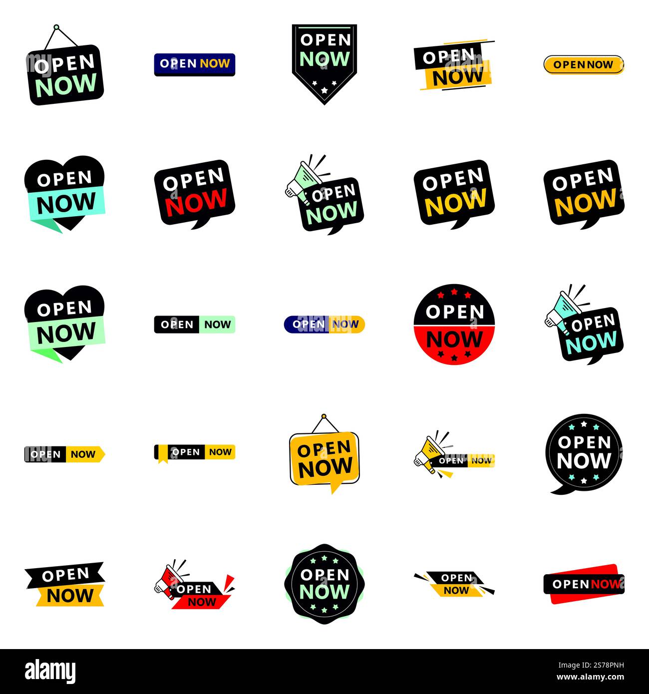 Open now graphics pack with 25 different design elements Stock Vector