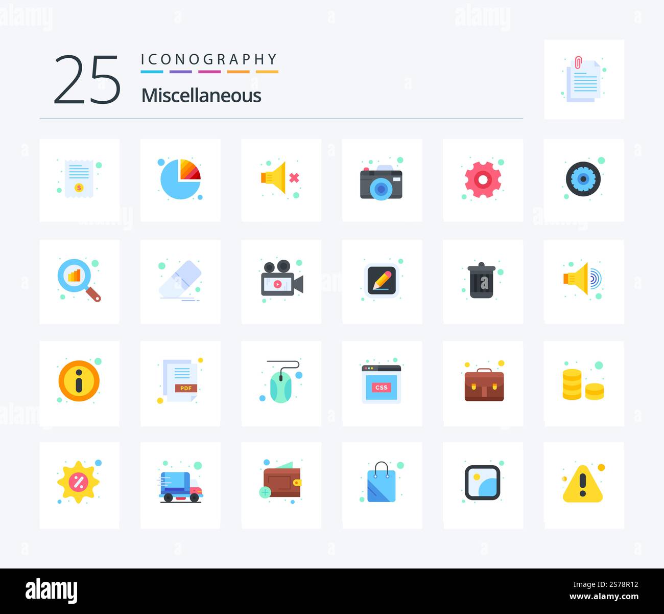 Miscellaneous 25 Flat Color icon pack including settings. no. picture. camera Stock Vector