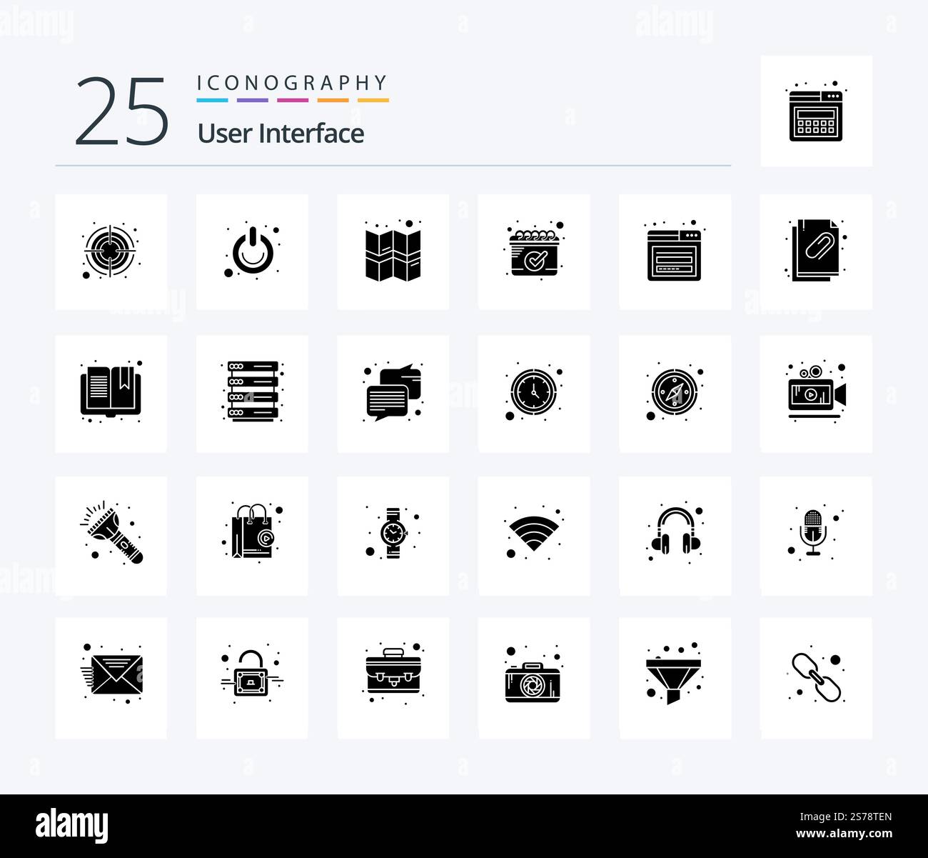 User Interface 25 Solid Glyph icon pack including page. account. switch. schedule. calendar Stock Vector
