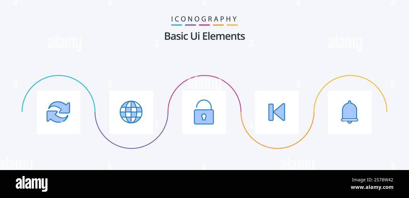Basic Ui Elements Blue 5 Icon Pack Including bell. start. unlock. media. beginning Stock Vector