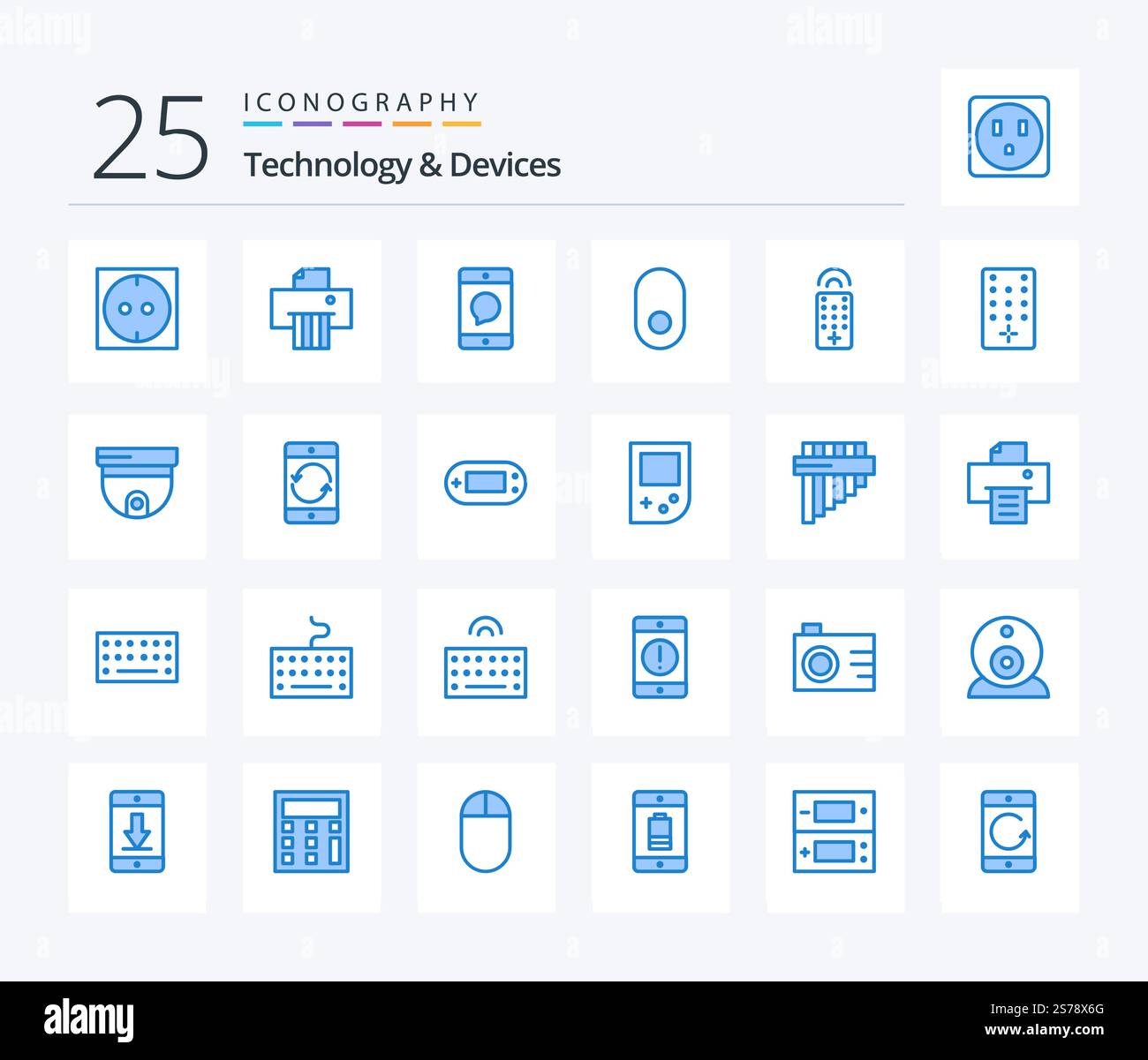 Devices 25 Blue Color icon pack including roof. tv. message. remote. wireless Stock Vector