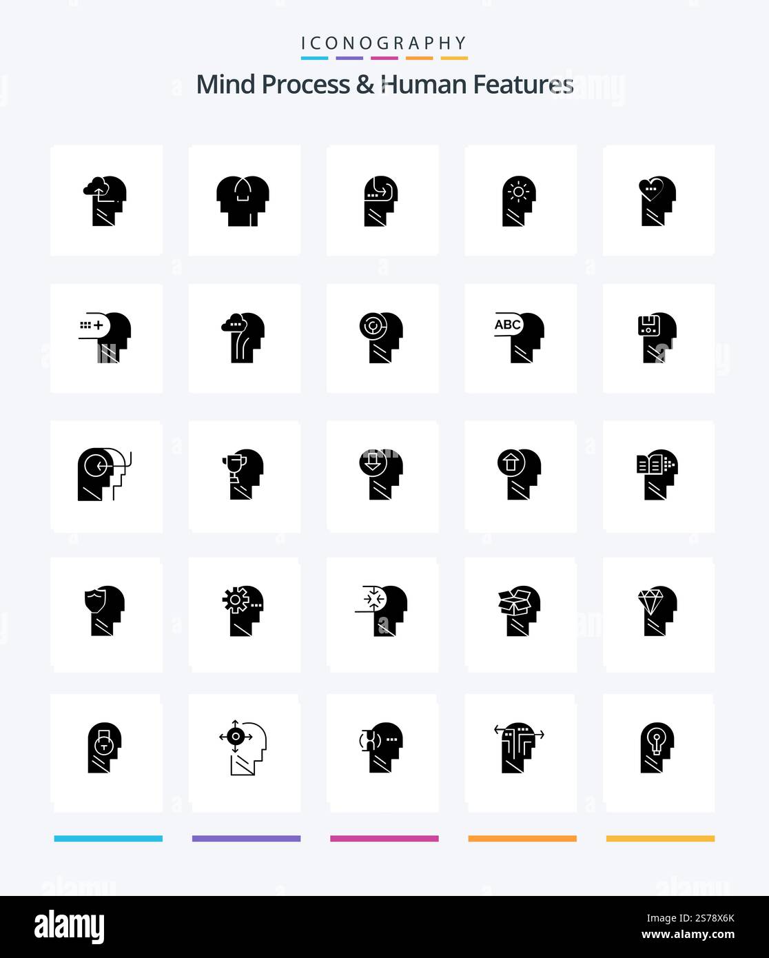 Creative Mind Process And Human Features 25 Glyph Solid Black icon pack  Such As love. setting. learning. mind. brain Stock Vector