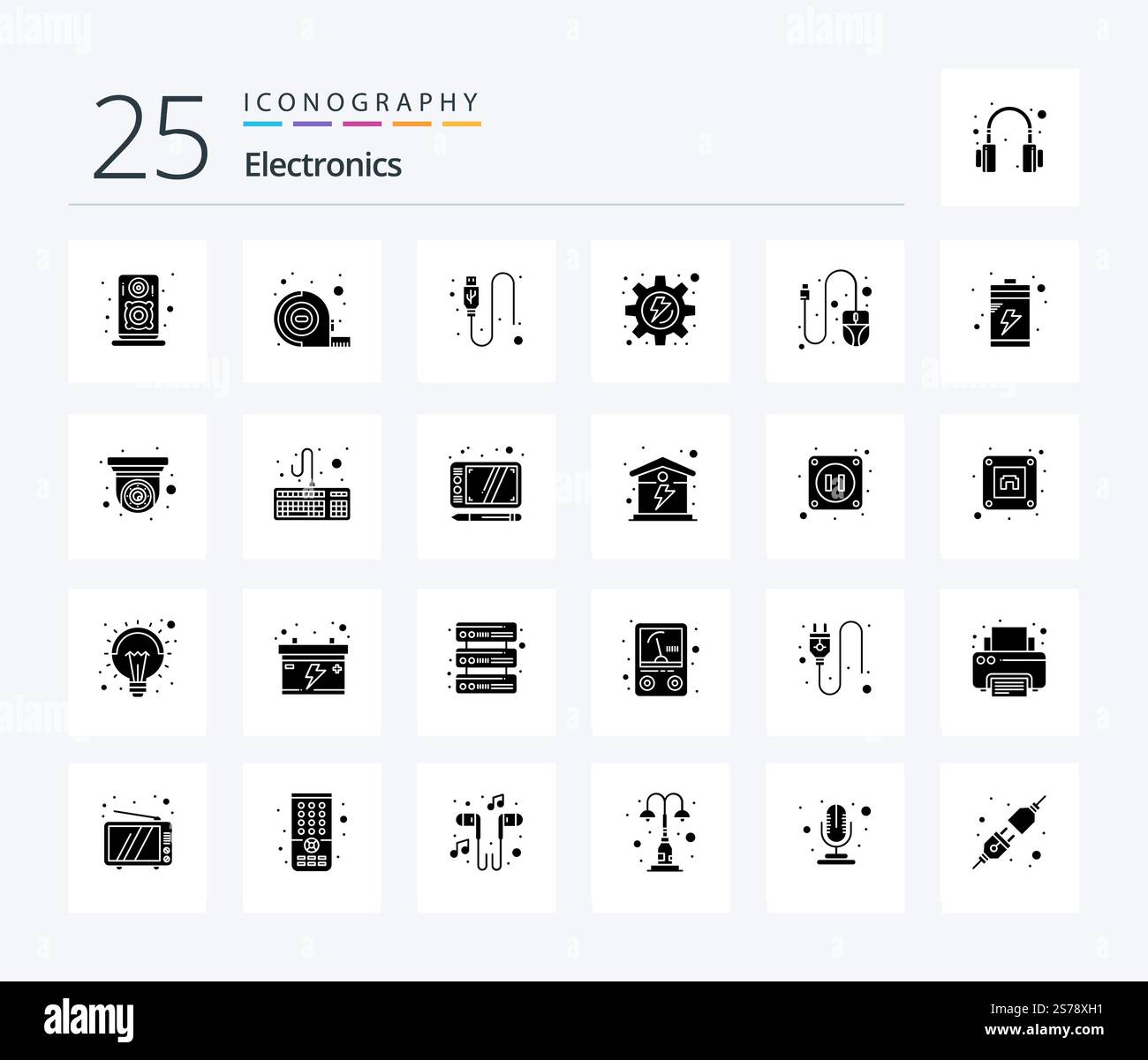 Electronics 25 Solid Glyph icon pack including charge. scroll. usb. mouse. process Stock Vector
