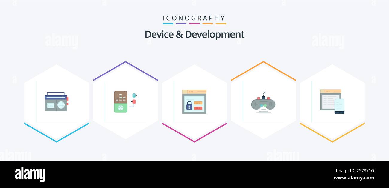 Device And Development 25 Flat icon pack including website. responsive. web . game pad. game Stock Vector