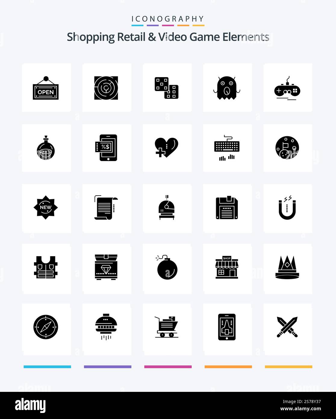 Creative Shoping Retail And Video Game Elements 25 Glyph Solid Black icon pack  Such As gamepad. wireless. dice. joystick. alien Stock Vector