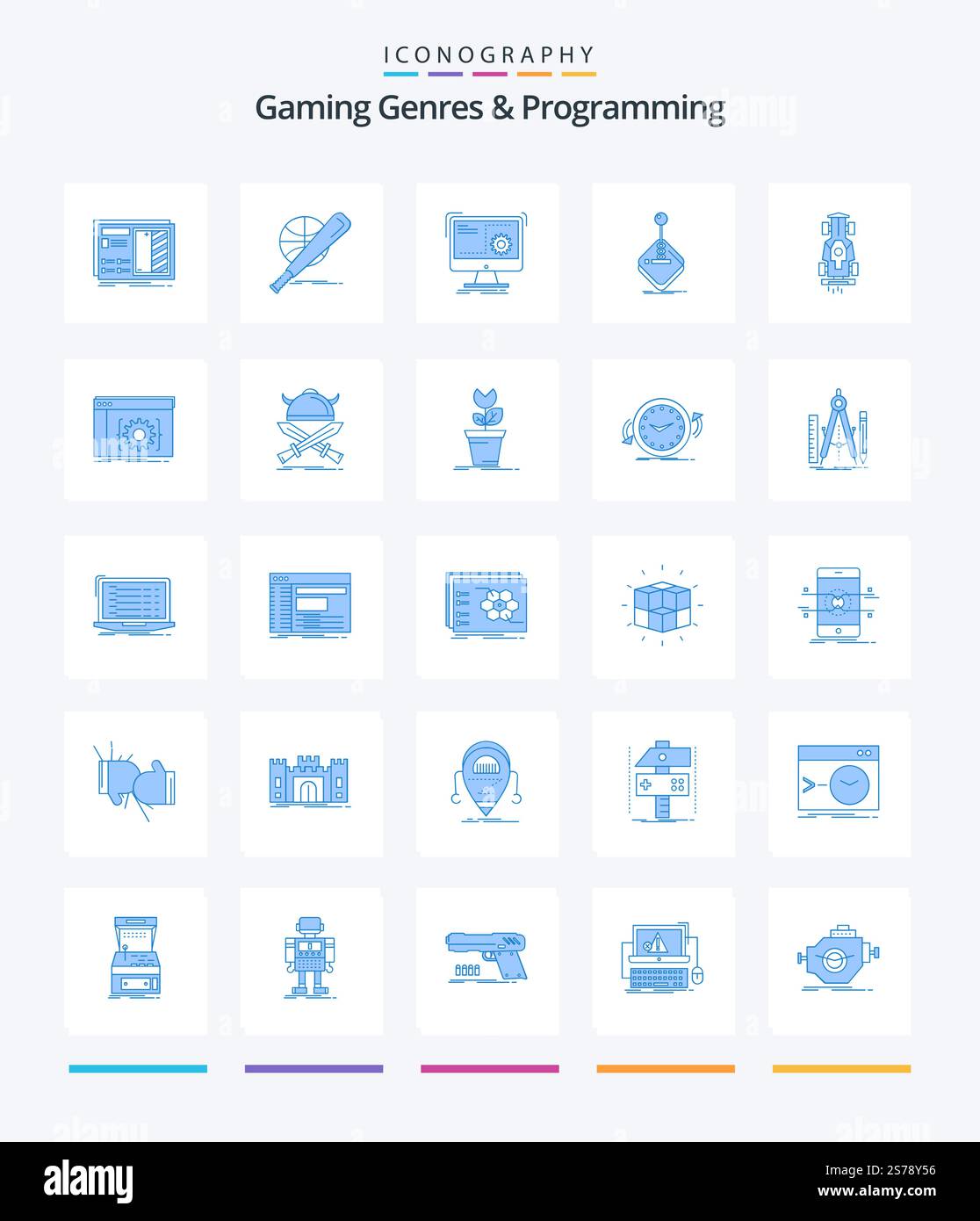 Creative Gaming Genres And Programming 25 Blue icon pack  Such As gaming. arcade. game. progress. function Stock Vector