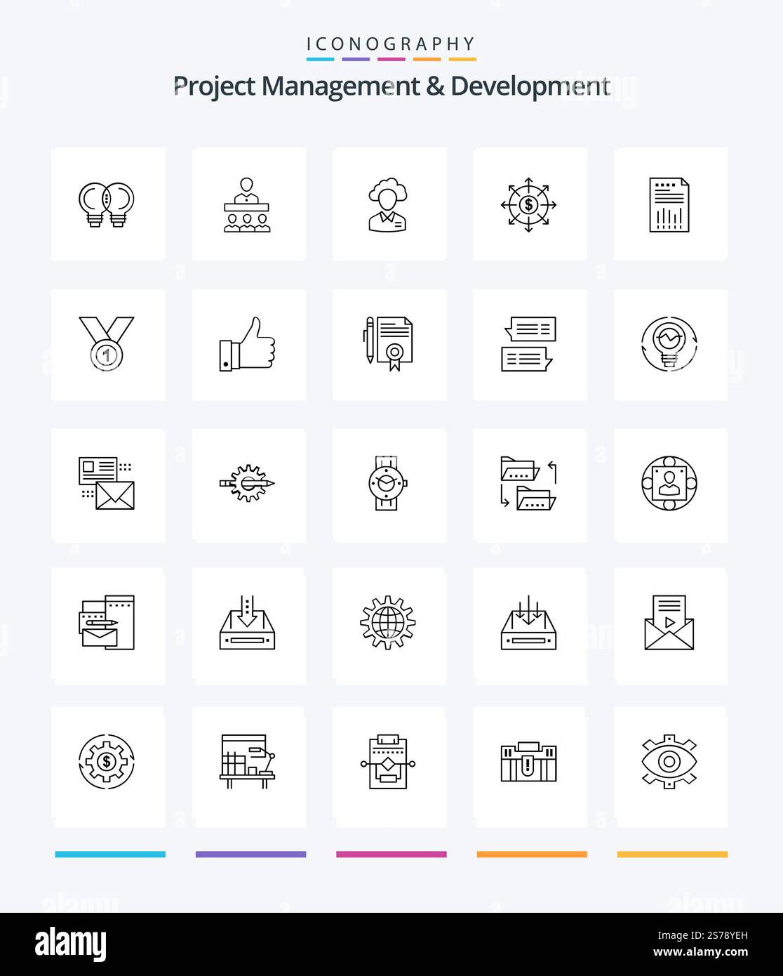 Creative Project Management And Development 25 OutLine icon pack  Such As list. budget. outsource. resource. manager Stock Vector