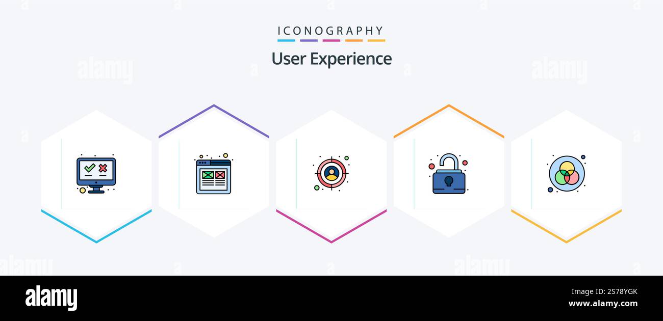 User Experience 25 FilledLine icon pack including color. security. wire framing. unlock. pad Stock Vector