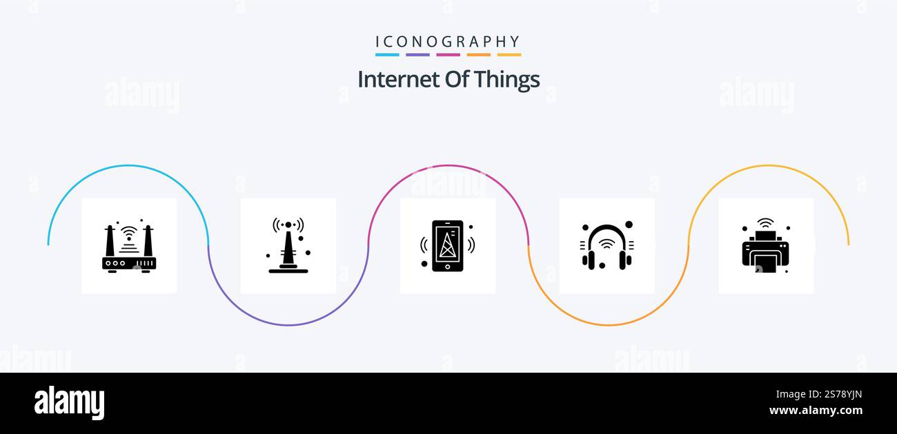 Internet Of Things Glyph 5 Icon Pack Including printer. internet. things. helpdesk. mobile Stock Vector