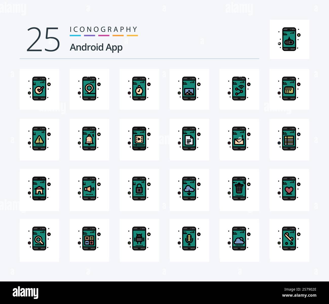 Android App 25 Line Filled icon pack including app. gallery. app. application. stop Stock Vector