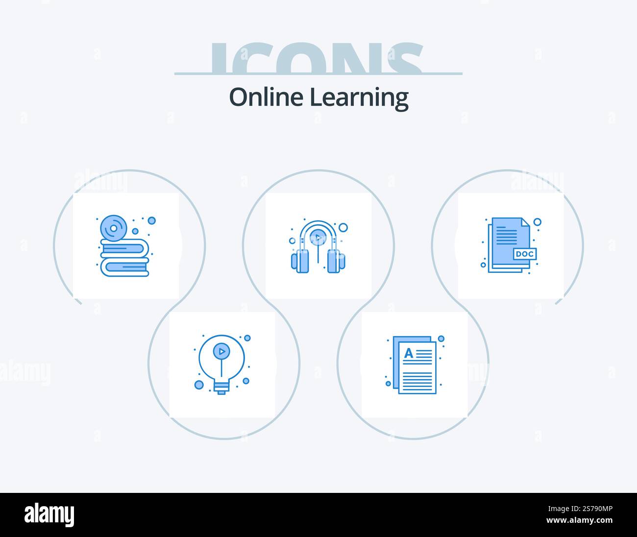 Online Learning Blue Icon Pack 5 Icon Design. online. learning. cd. electronics. software Stock Vector