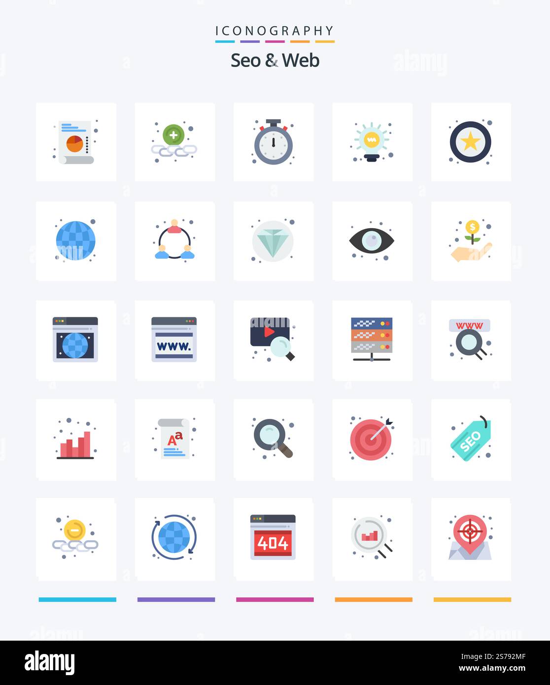 Creative Seo & Web 25 Flat icon pack  Such As globe. star. clock. online. light Stock Vector