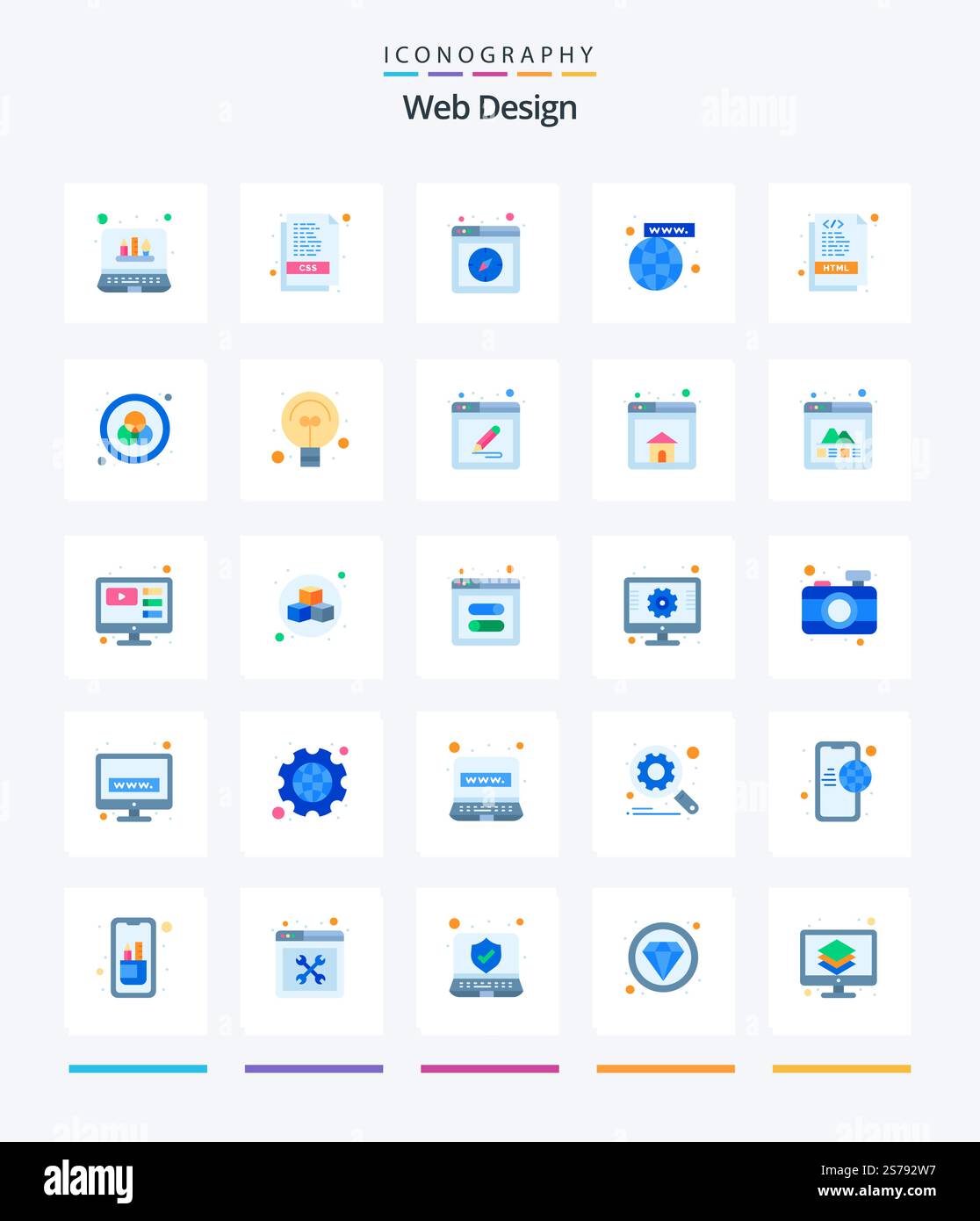 Creative Web Design 25 Flat icon pack  Such As document. html. page. page. internet Stock Vector