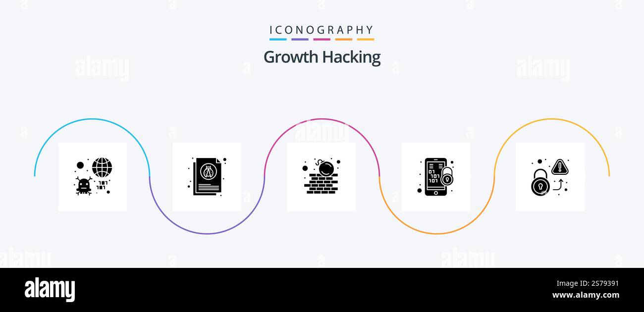Hacking Glyph 5 Icon Pack Including mobile. encryption. insect. binary code. security Stock Vector