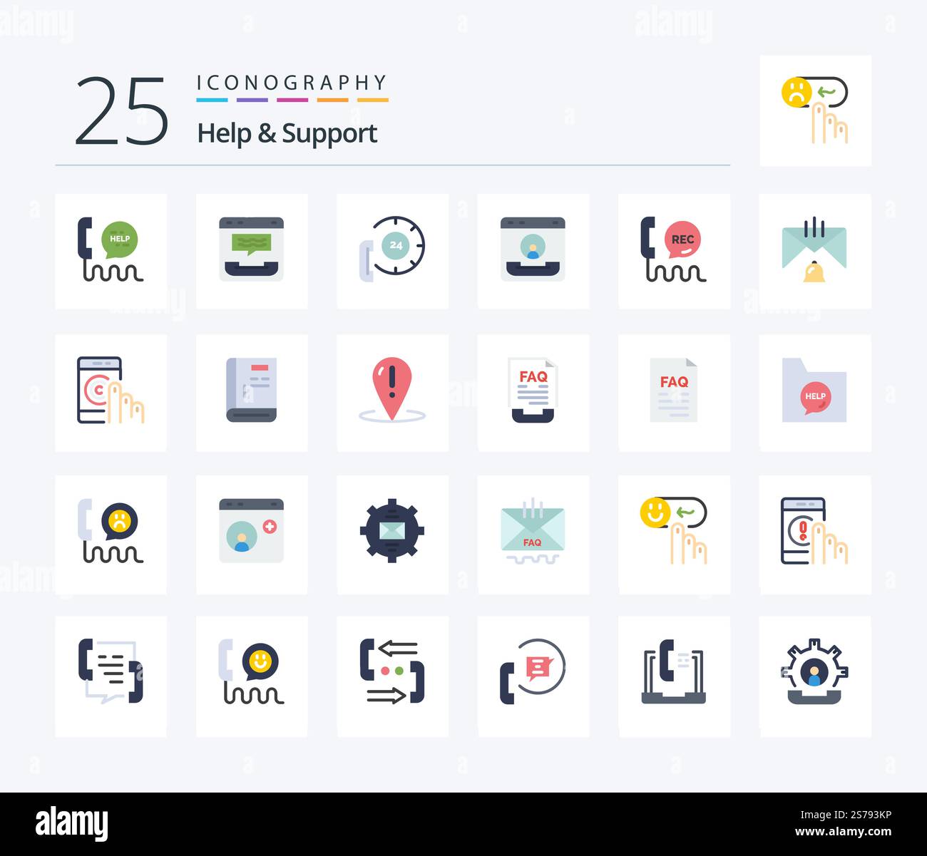 Help And Support 25 Flat Color icon pack including guide. book. email. support. help Stock Vector