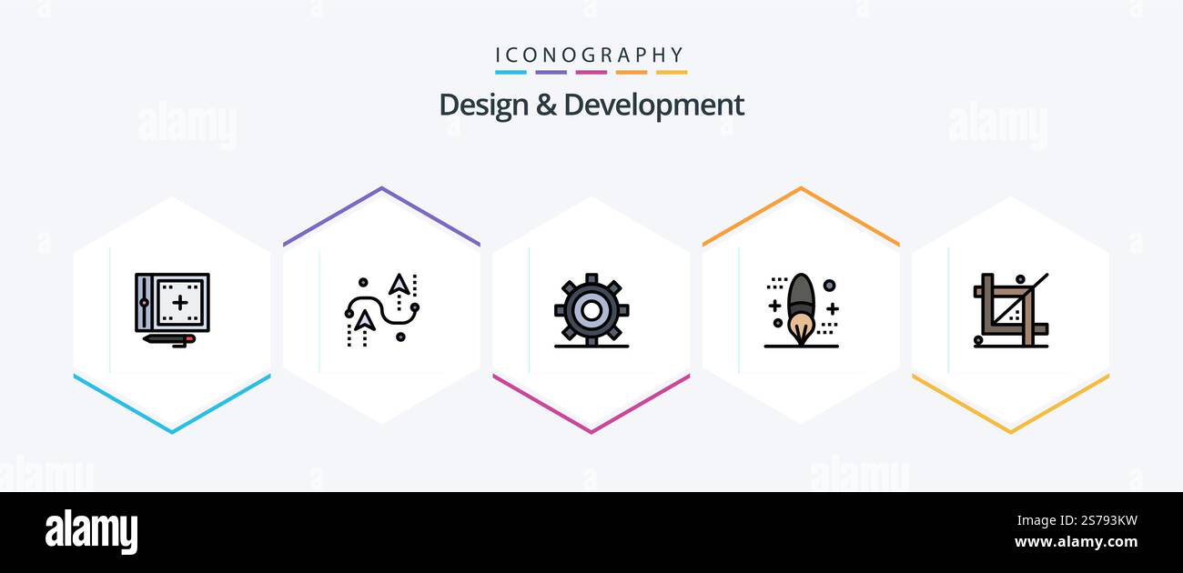 Design and Development 25 FilledLine icon pack including design. brush. development. programing. development Stock Vector
