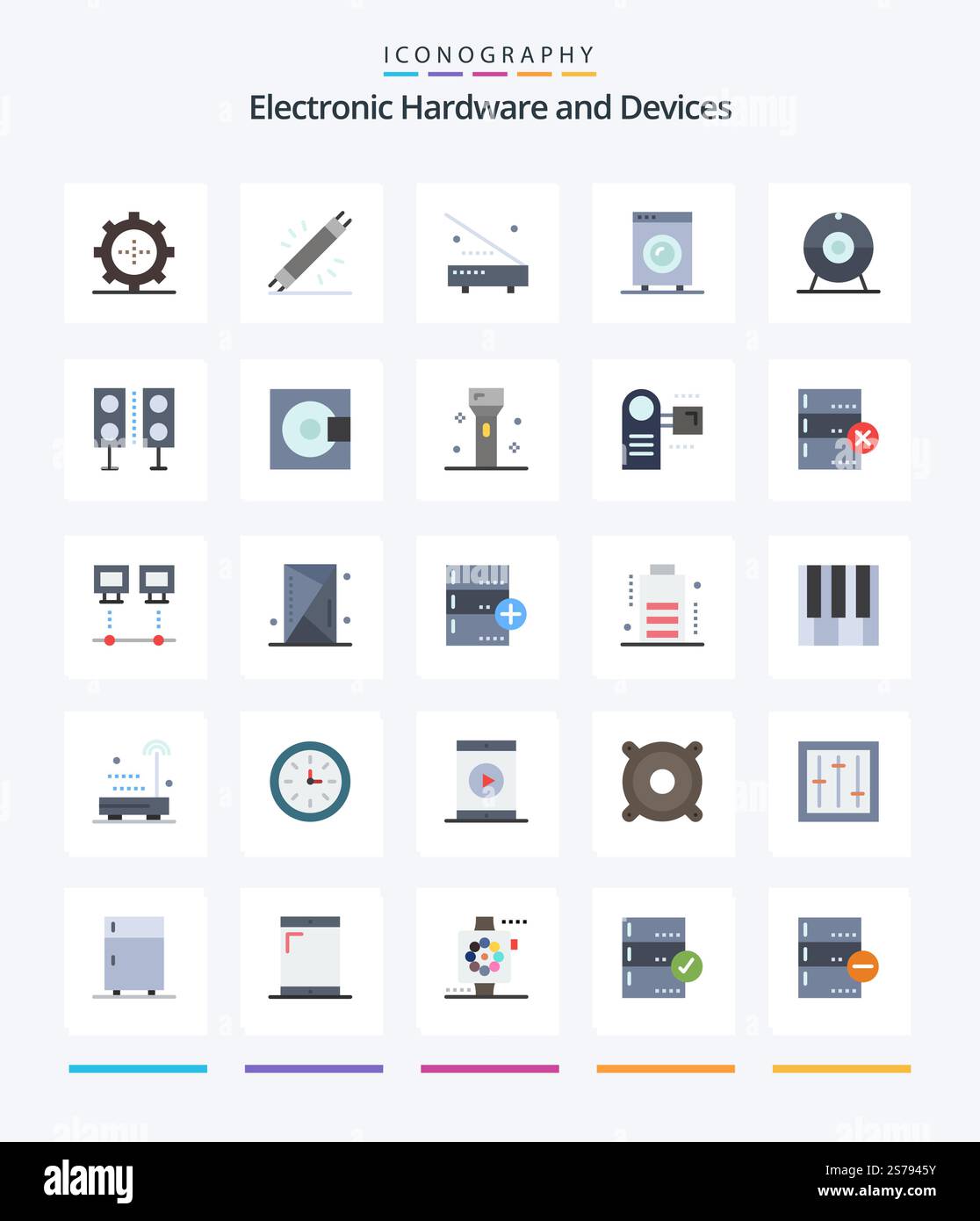 Creative Devices 25 Flat icon pack  Such As devices. speaker. hardware. products. devices Stock Vector