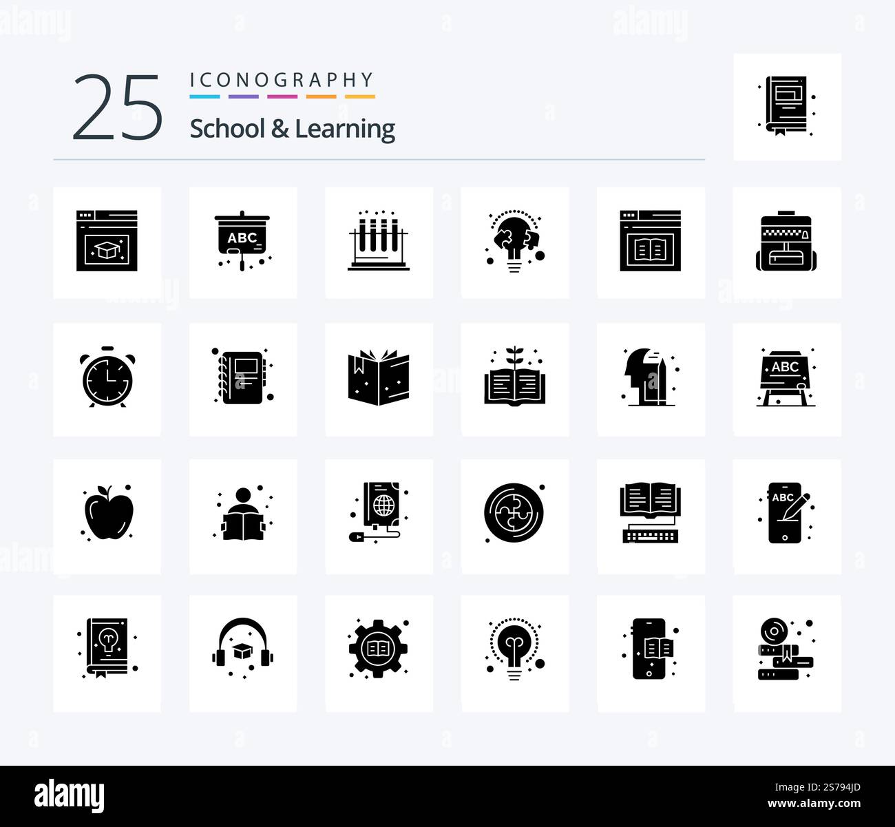 School And Learning 25 Solid Glyph icon pack including e-learning. book. test. bulb. line Stock Vector