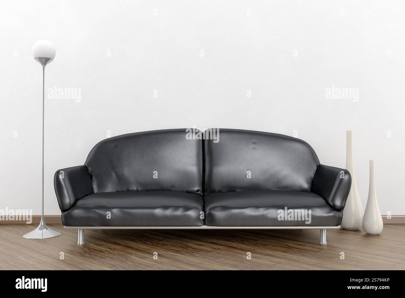 3d interior render image of a black sofa in a white room with space for ...