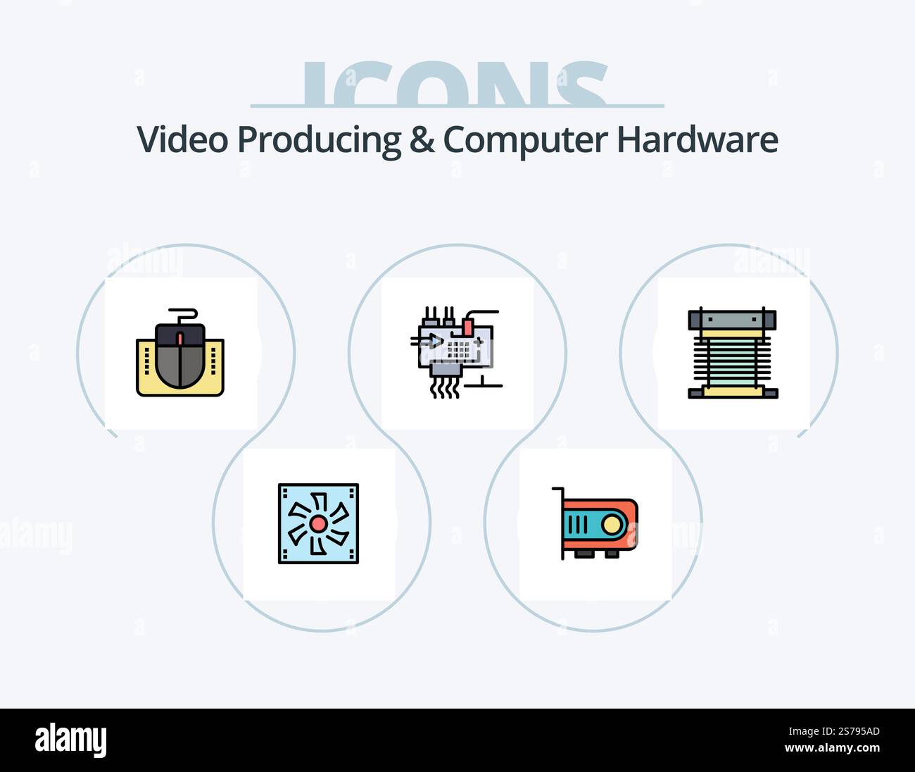 Video Producing And Computer Hardware Line Filled Icon Pack 5 Icon Design. power. computer. engineering. ac. cables Stock Vector