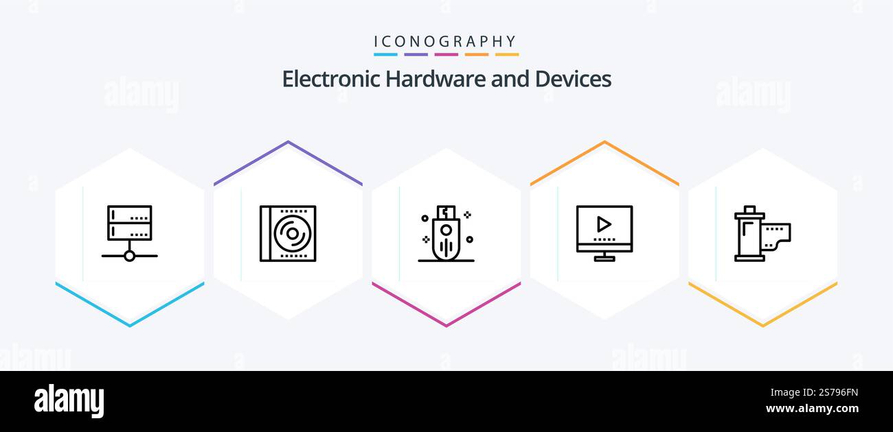 Devices 25 Line icon pack including technology. devices. digital. storage. outline Stock Vector