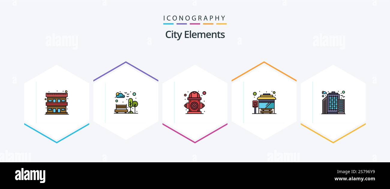 City Elements 25 FilledLine icon pack including building. city bus ...
